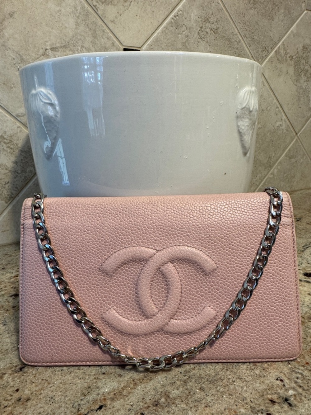 CHANEL Pink Caviar Leather Wallet with CC Logo